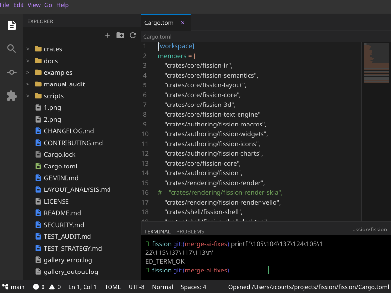 Fission Editor with file tree, source editor, and integrated terminal