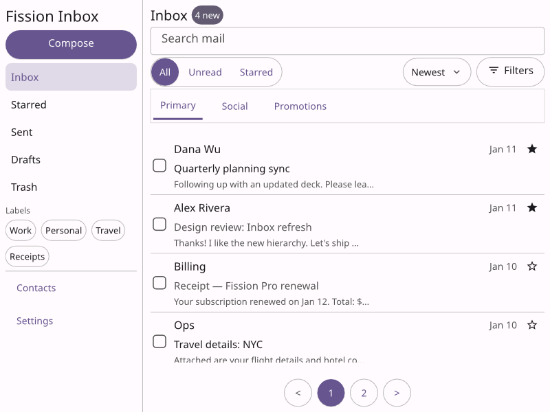 Fission Inbox with message list and reading pane