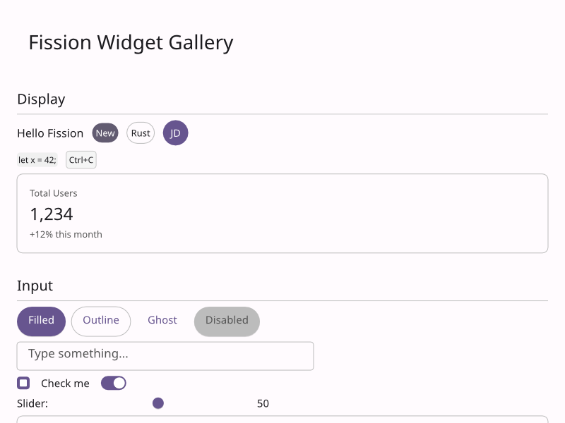Fission Widget Gallery showing standard controls